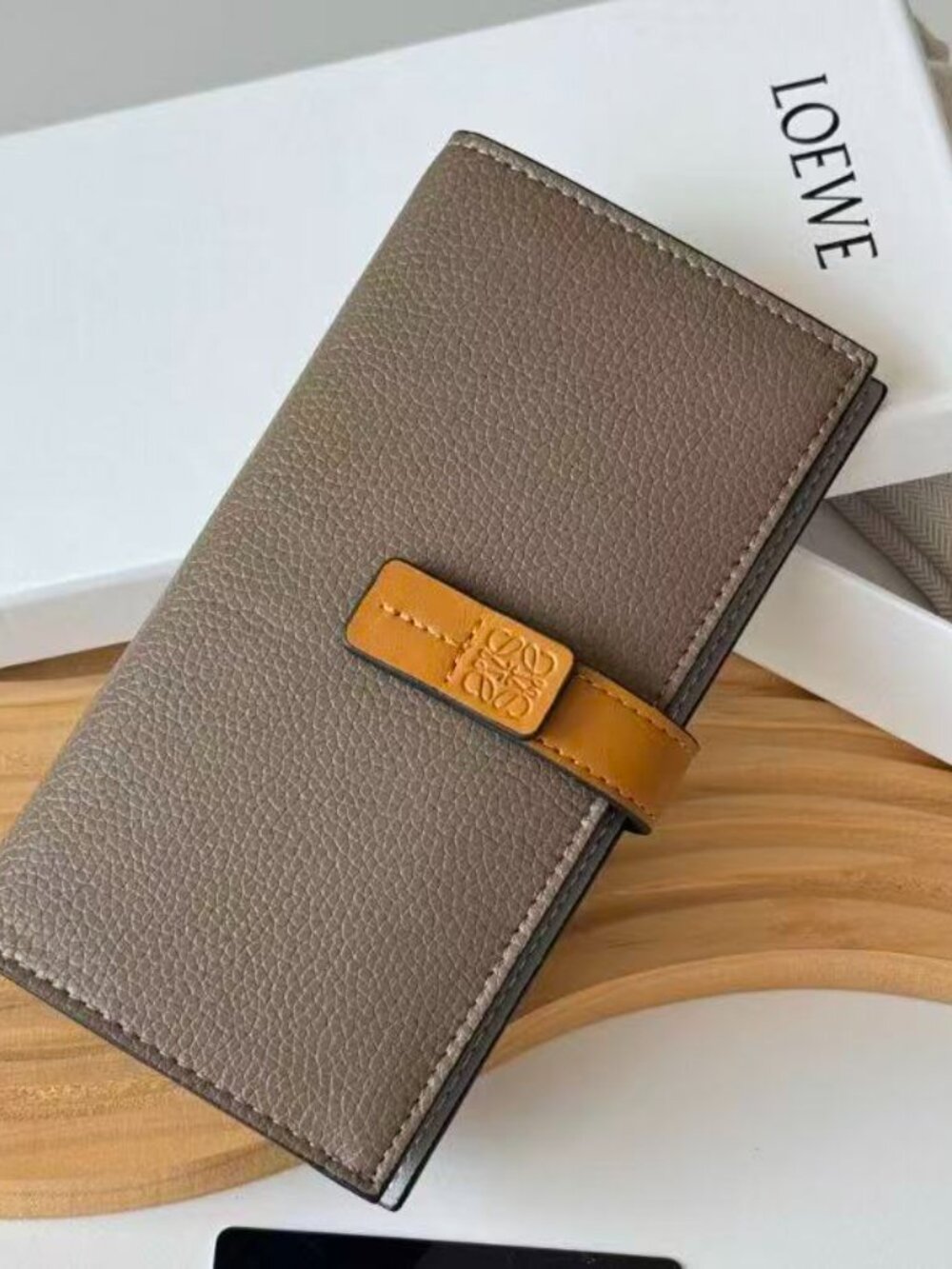Loewe Taupe Bi-Fold Long Wallet Contrast Anagram Logo Tab Closure